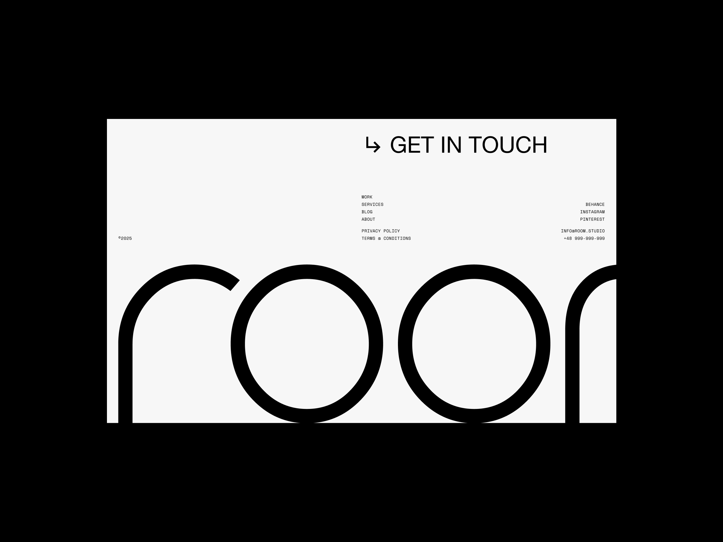 Website footer with navigation and contact details of Room 3D visualization studio.