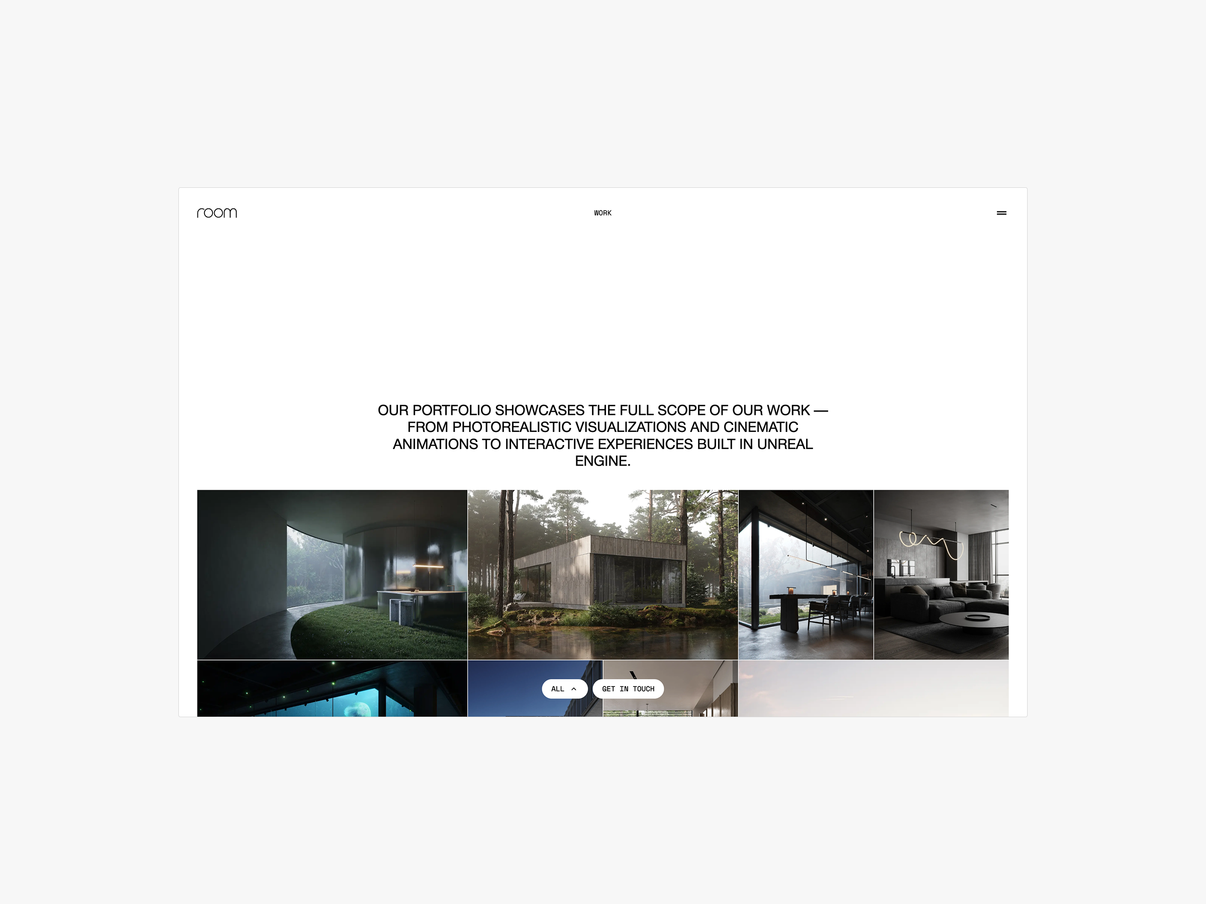 Portfolio showcase of Room 3D visualization studio projects with clean web design.