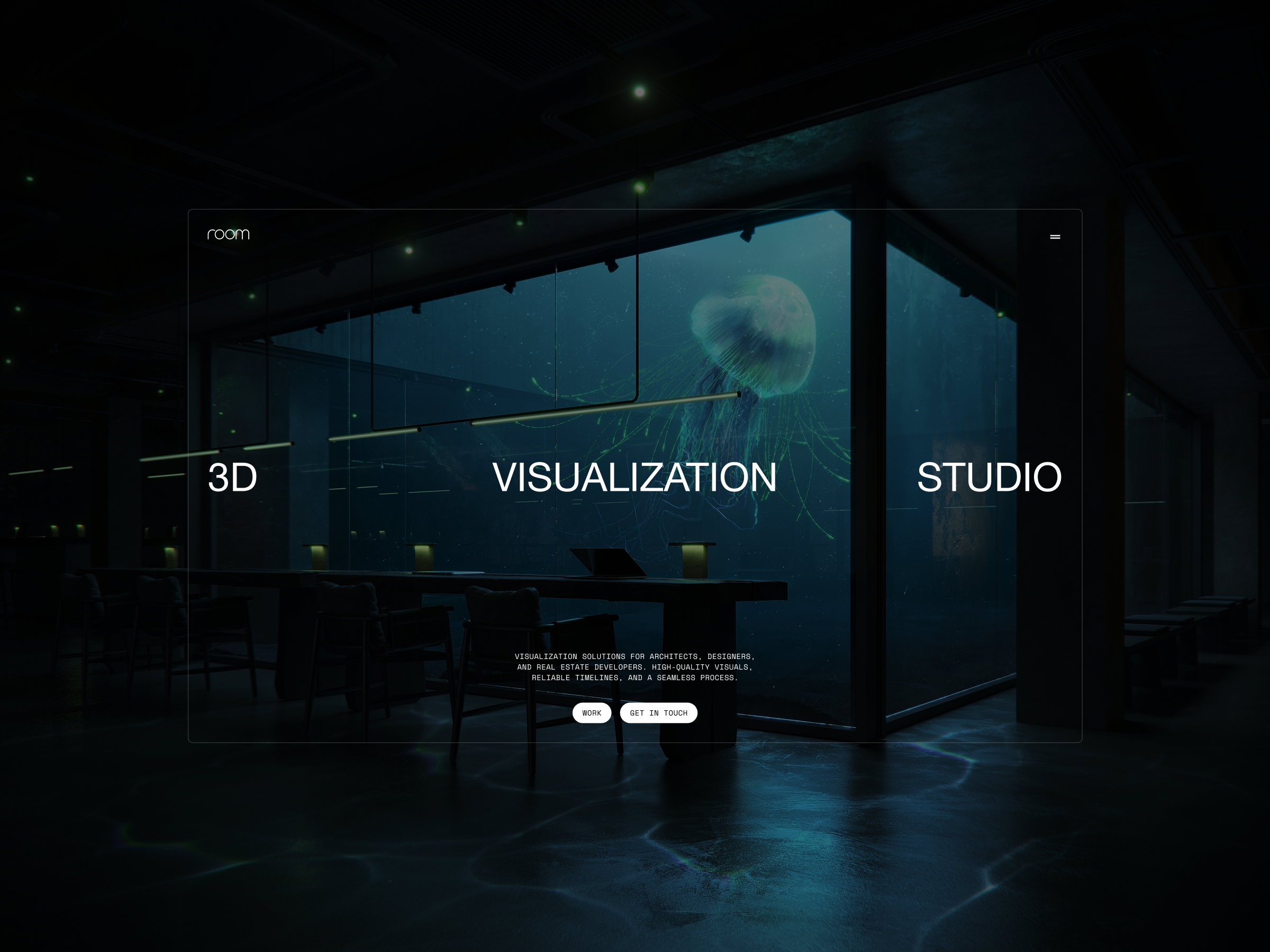 Website with navigation and contact details of Room 3D visualization studio.
