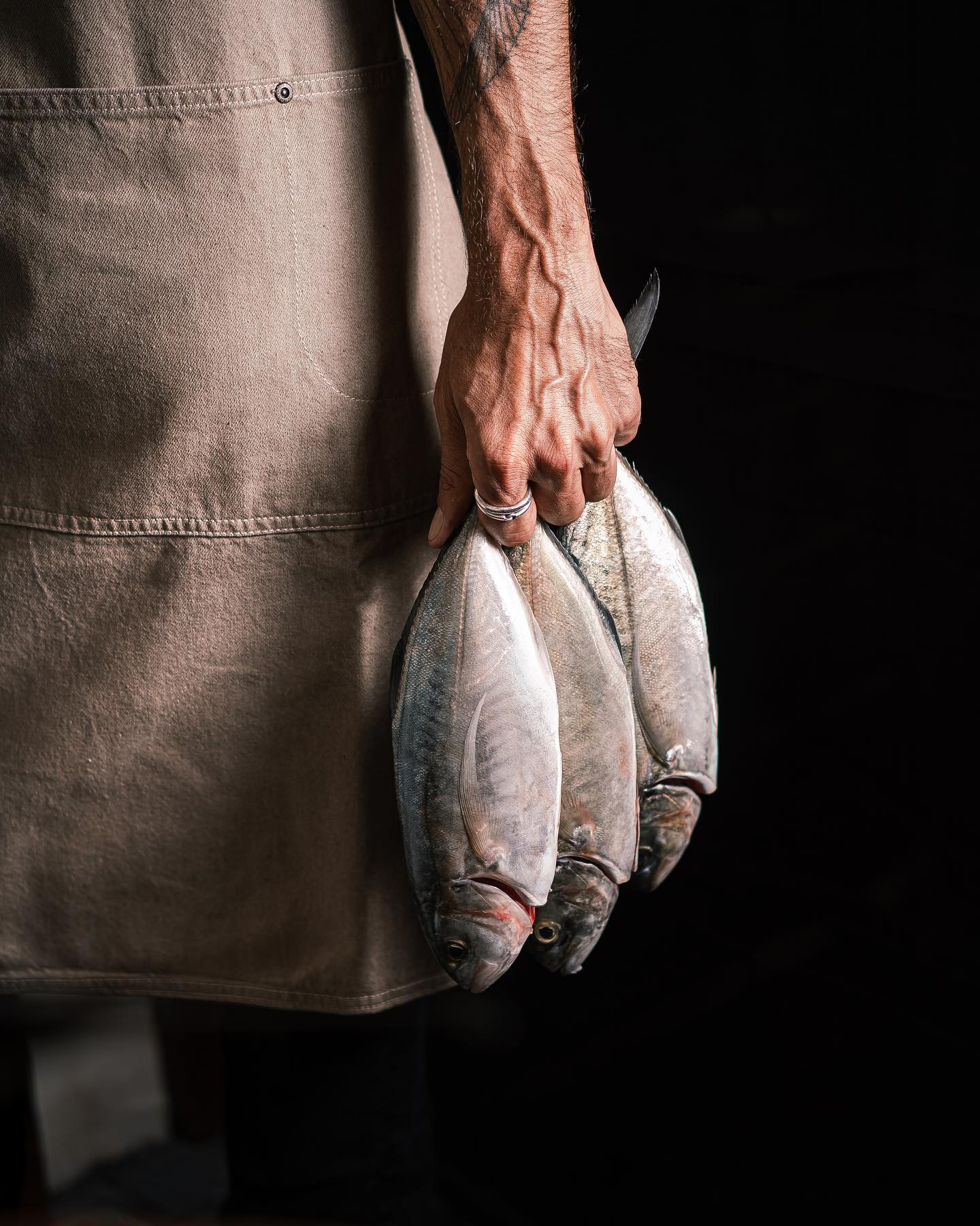 Man in apron holding fish — Japanese izakaya branding photography.