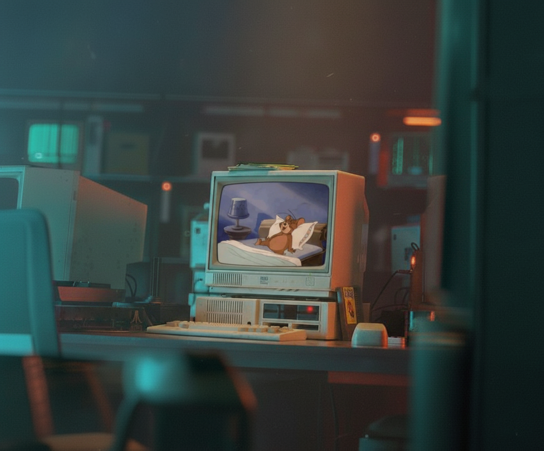 Retro computer with Tom & Jerry on it