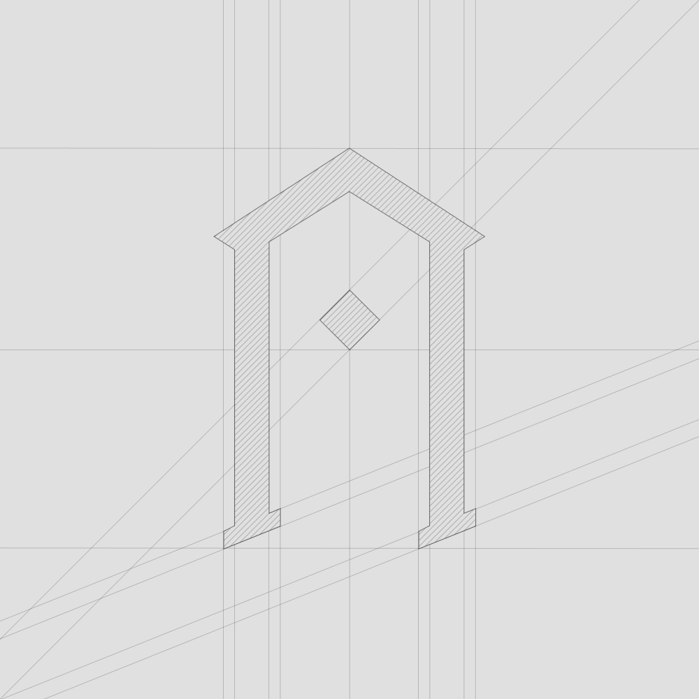 Technical blueprint showing geometric construction of CarahungeX logotype with grid lines and circles made by Roman Burachevsky