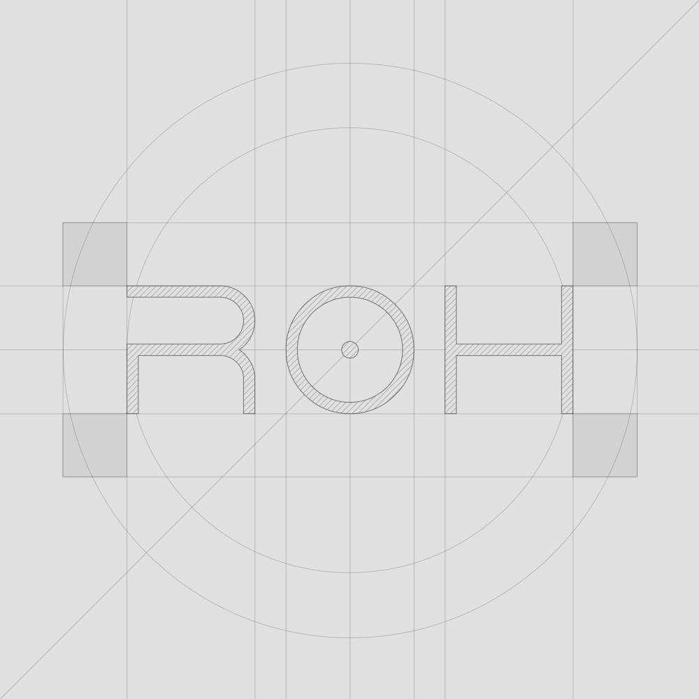 Technical blueprint showing geometric construction of ROH (Realm of Historia) logotype with grid lines and circles made by Roman Burachevsky