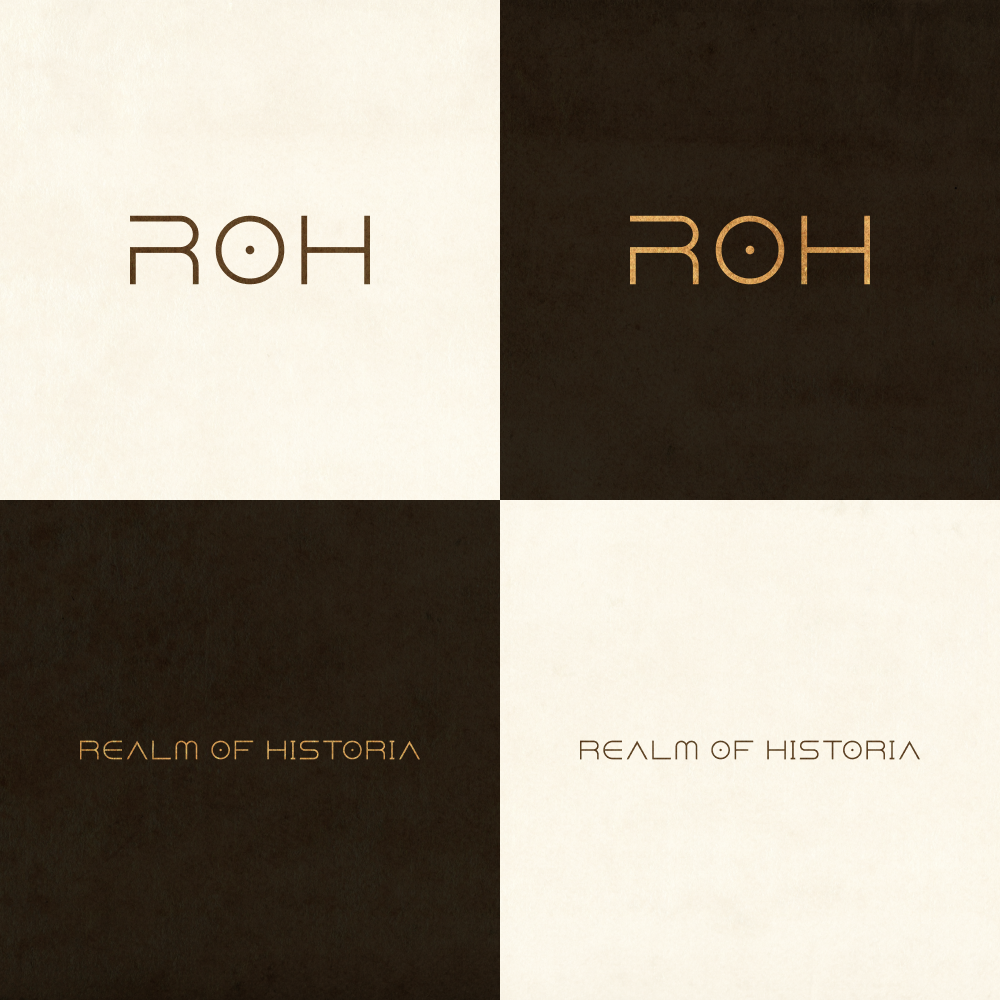 Four quadrants with stylized text logos: 'ROH' in minimalist font on light and dark backgrounds, and 'Realm of Historia' in a futuristic font on similar backgrounds.