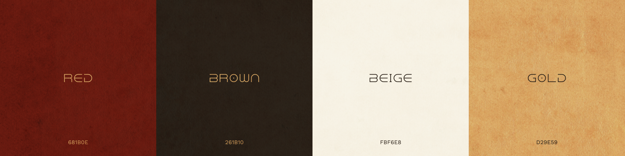 Four textured color blocks labeled Red, Brown, Beige, and Gold with their corresponding hex codes: 681B0E, 261B10, FBF6E8, and D29E59.