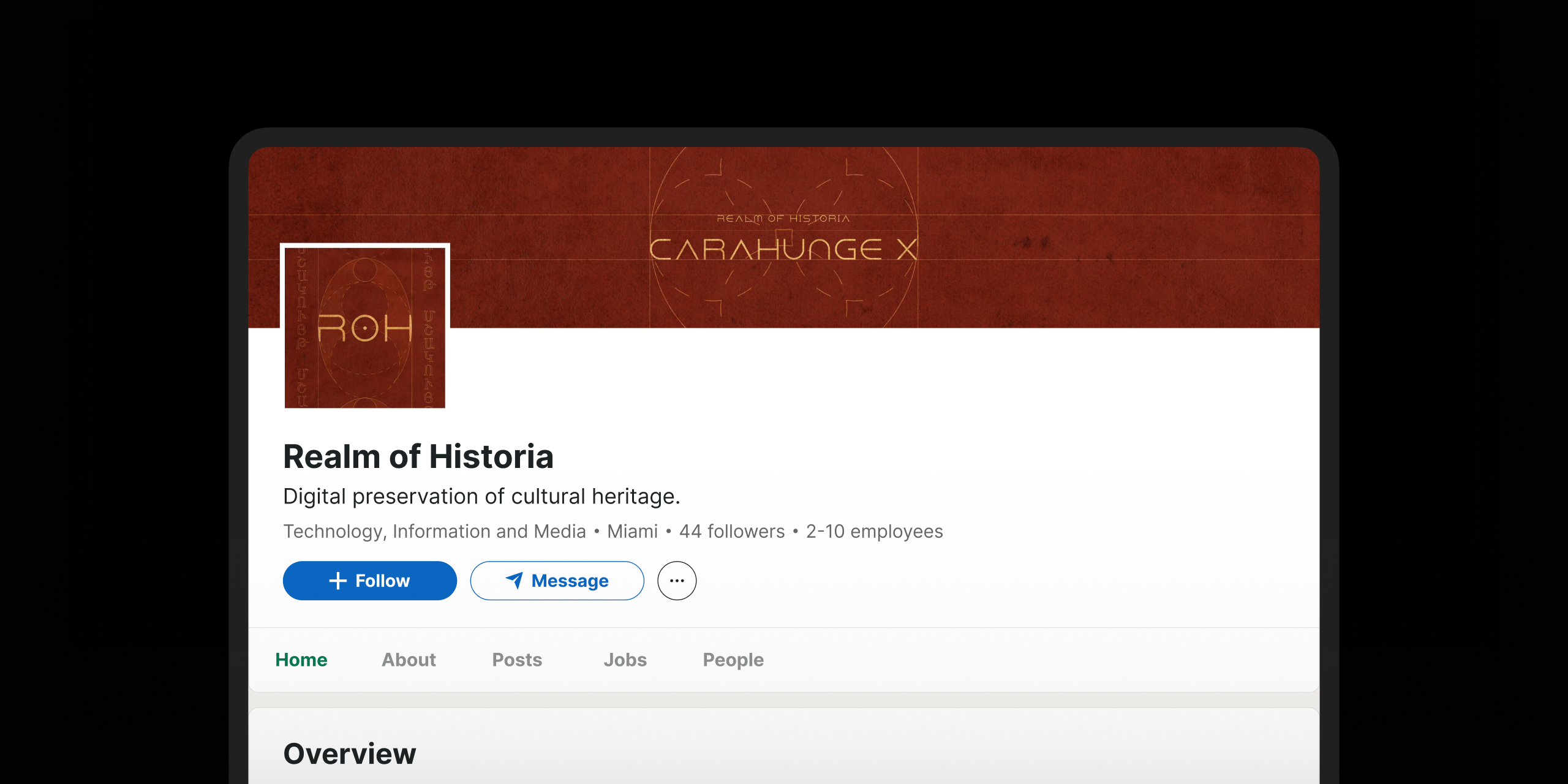 LinkedIn profile of Realm of Historia, a Miami-based digital preservation company.
