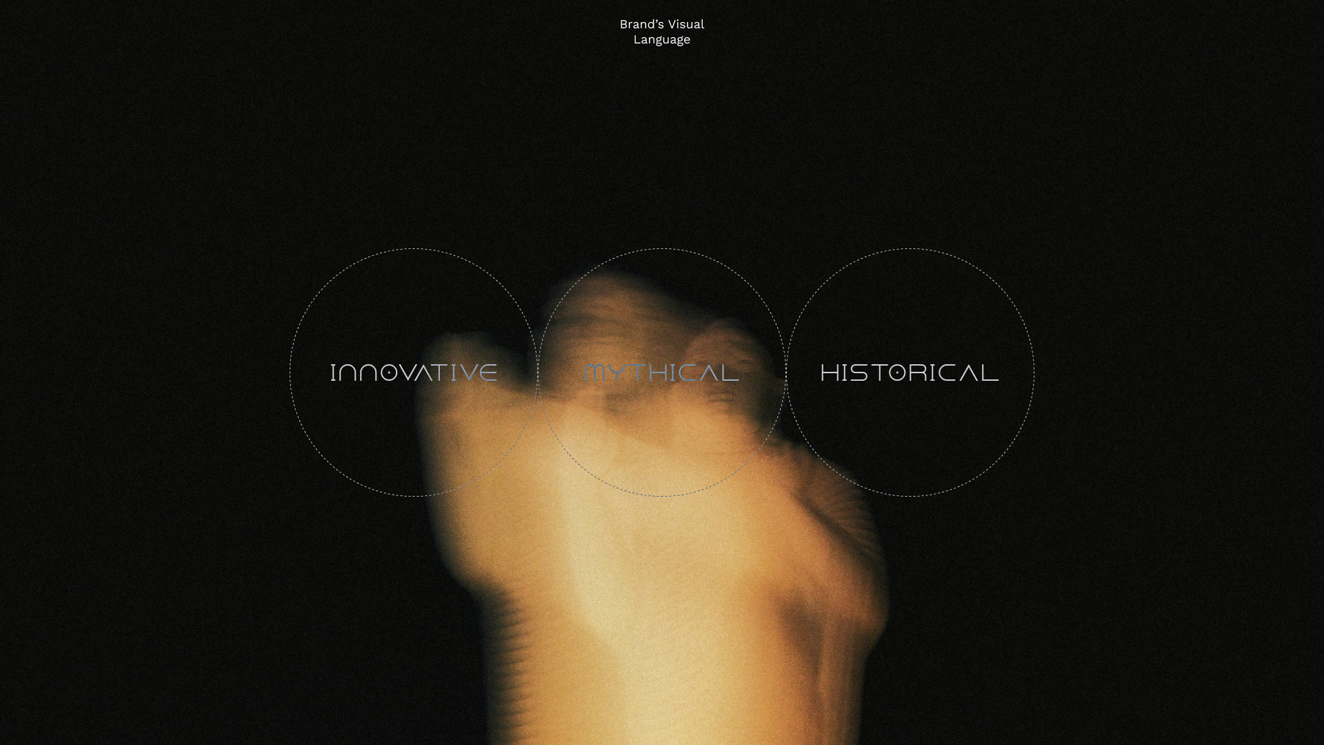 Three overlapping dotted circles labeled Innovative, Mythical, and Historical with blurred statue in background on black.