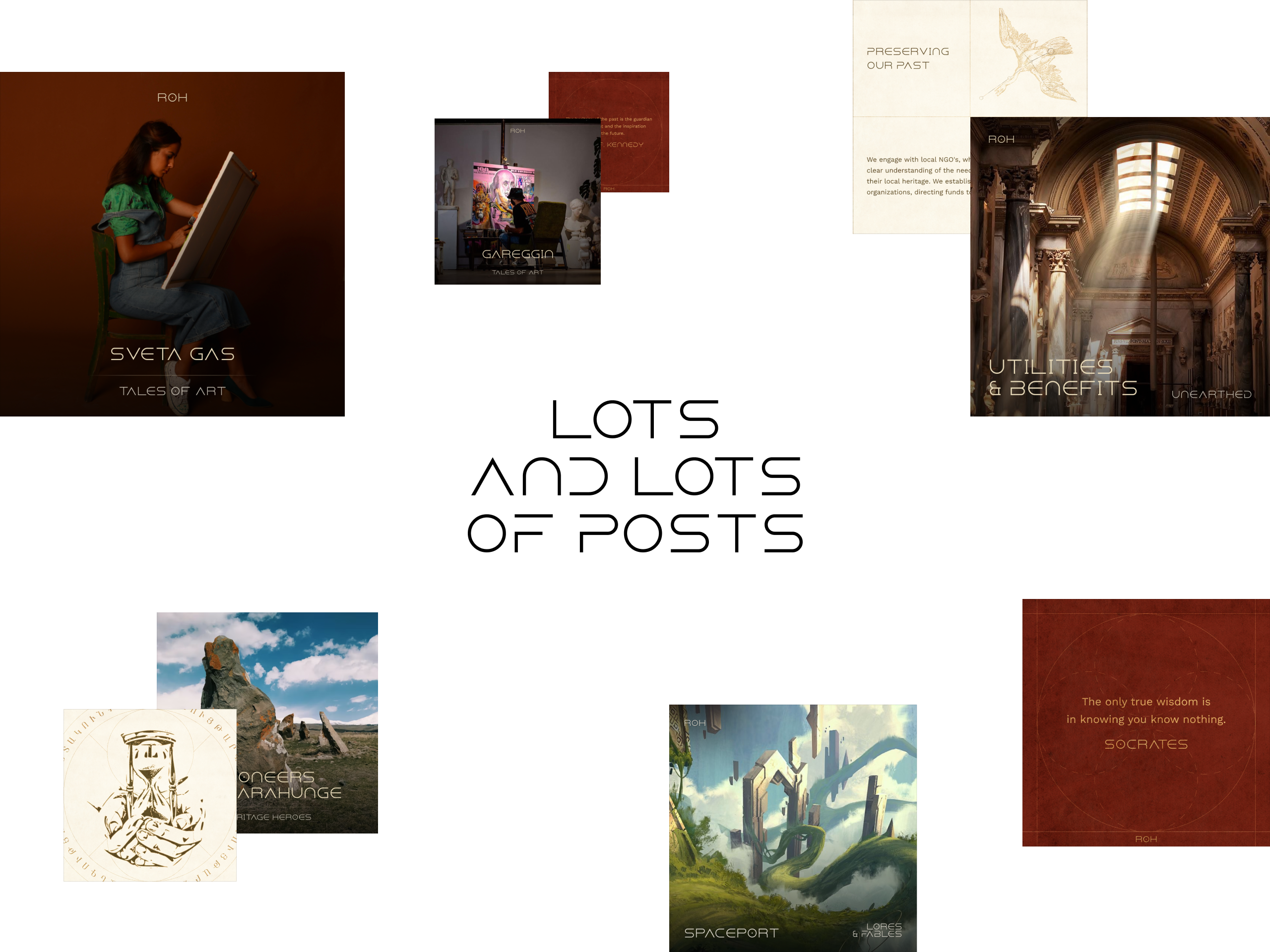 Collage of artistic and cultural images including a woman painting, ancient monuments, a sunlit classical interior, a fantasy spaceport, sketches, and a Socrates quote.