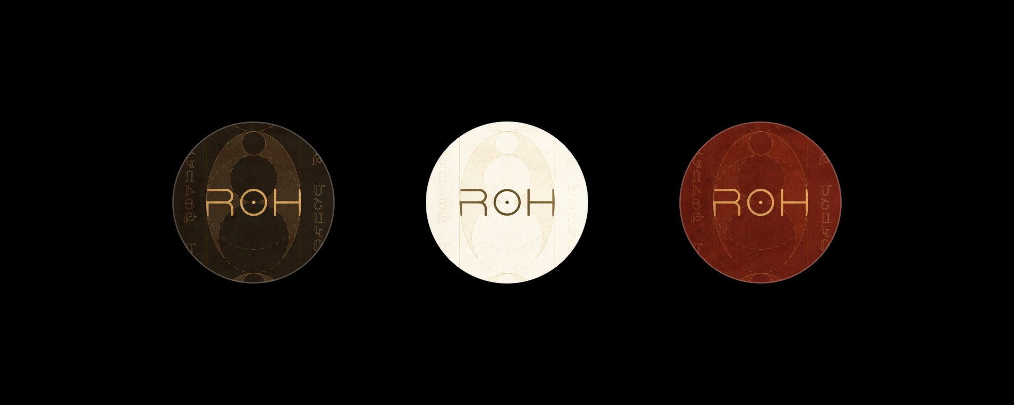 Three avatars with the 'ROH' logos in the center and decorative elements in dark brown, off-white, and reddish brown colors.