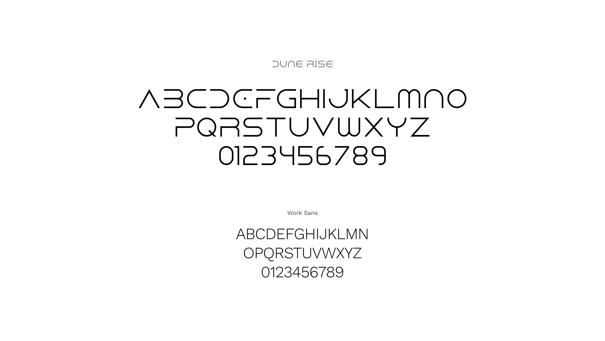 Two font samples: 'Dune Rise' showing uppercase letters and numbers with a futuristic, geometric design, and 'Work Sans' displaying uppercase letters and numbers in a clean, modern style.