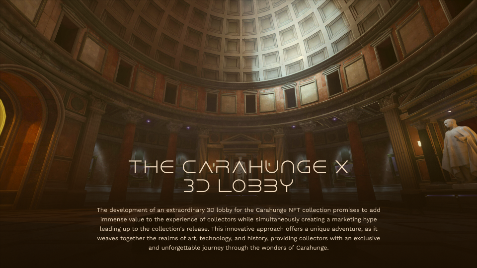 Interior view of a grand circular 3D lobby with a detailed coffered dome ceiling, tall columns, warm lighting, and statues, showcasing The Carahunge X 3D Lobby.