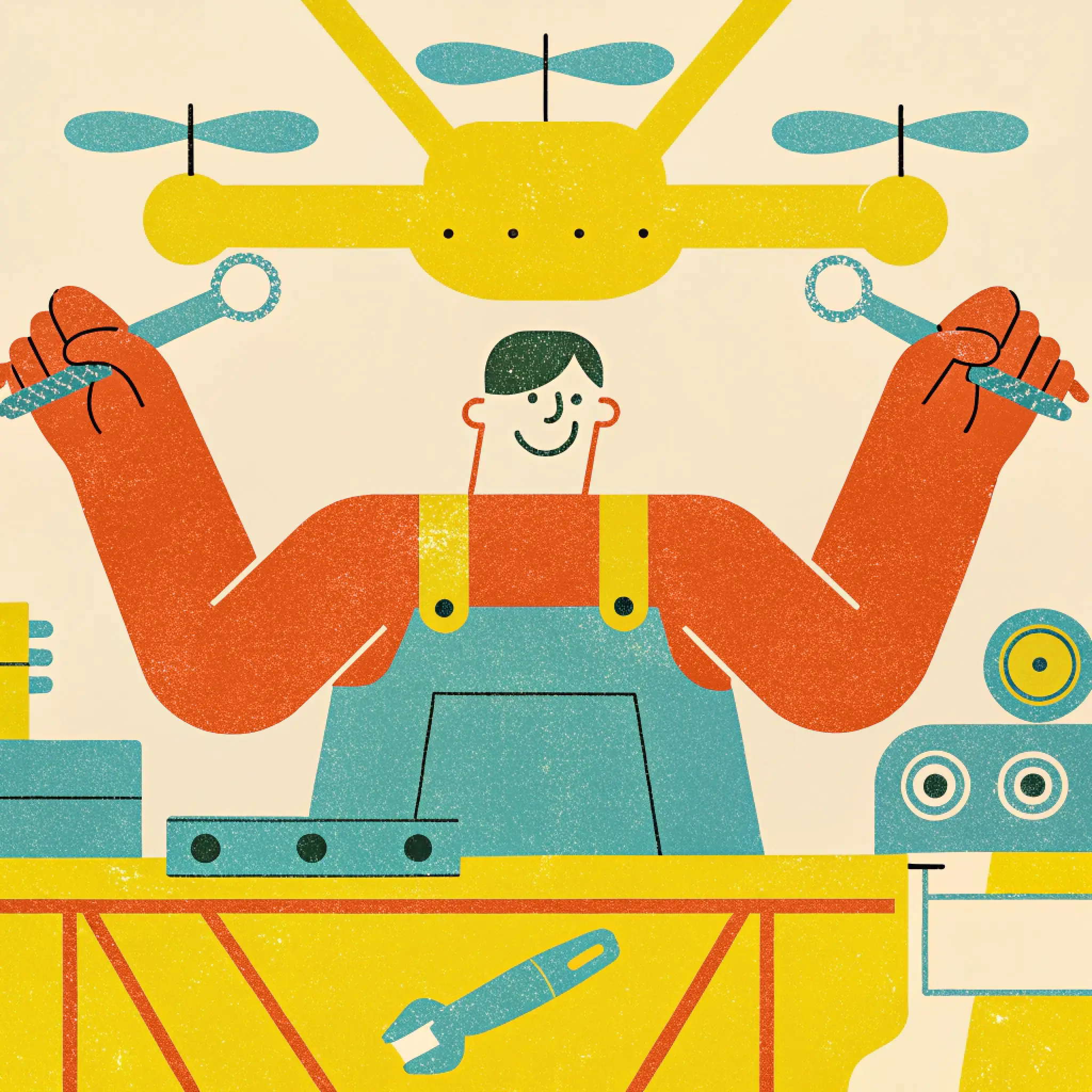 Illustration einer Person mit orangem Hemd und blauer Latzhose, die vor einem gelben Tisch steht und in beiden Händen Werkzeuge hält, über ihr hängt eine gelbe Marktschwalbe-Drohne mit drei blauen Propellern.