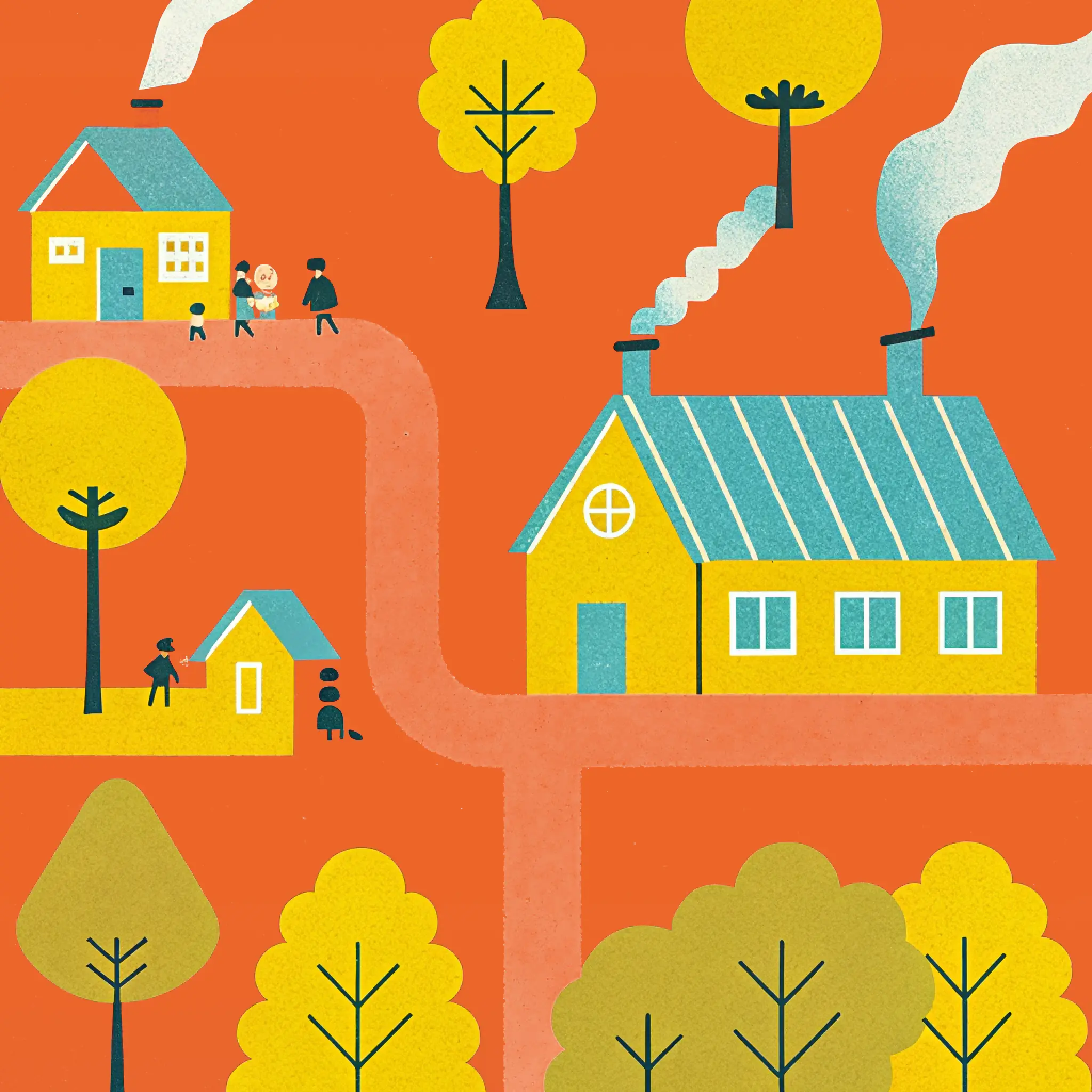 Illustration von gelben Häusern mit blauen Dächern auf orangem Hintergrund, umgeben von gelben und grünen Bäumen, mit Rauch aus den Schornsteinen und Figuren auf den Wegen.