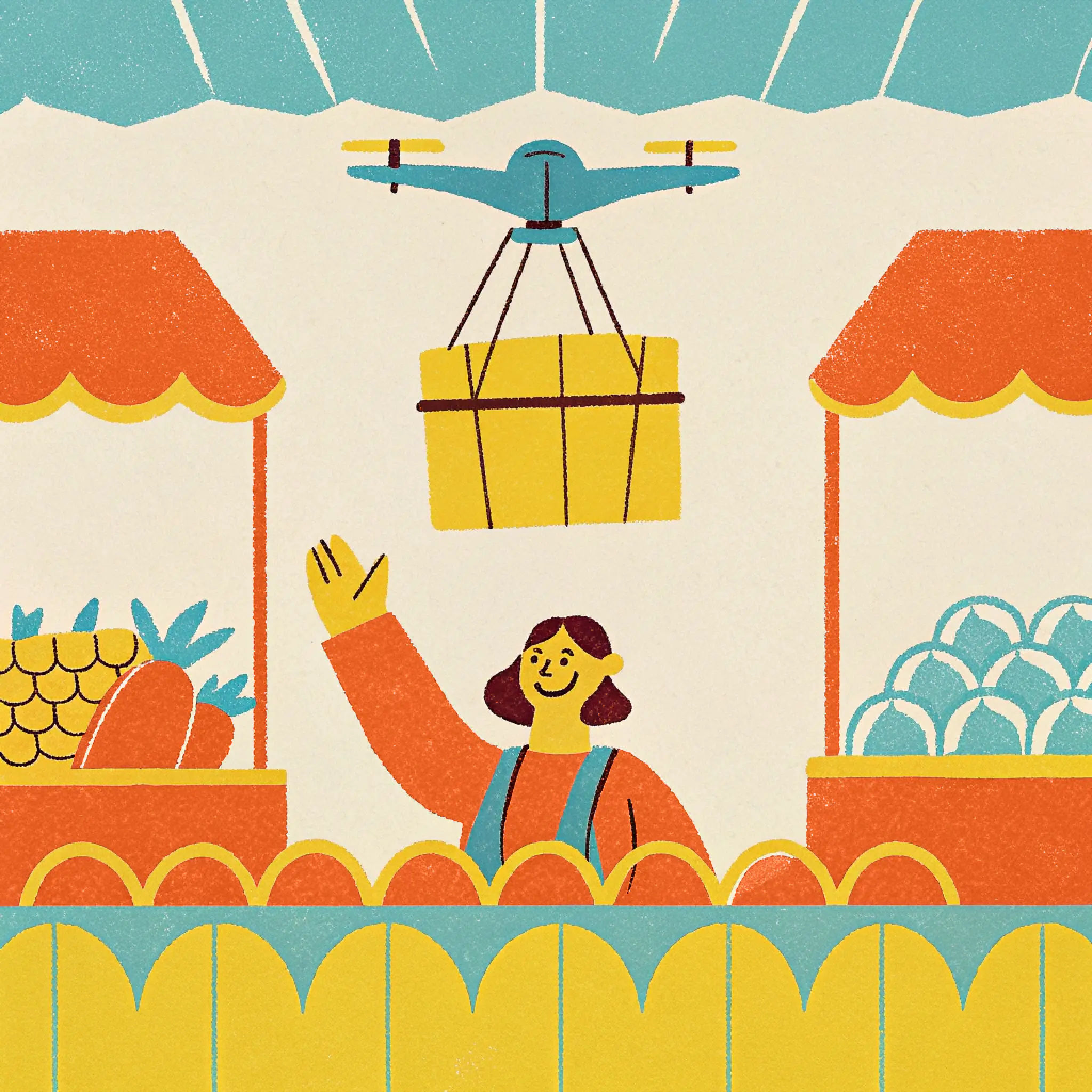 Illustration eines Markthändlers, der neben Ständen mit Obst steht, während eine Marktschwalbe-Drohne eine Kiste über ihm trägt.