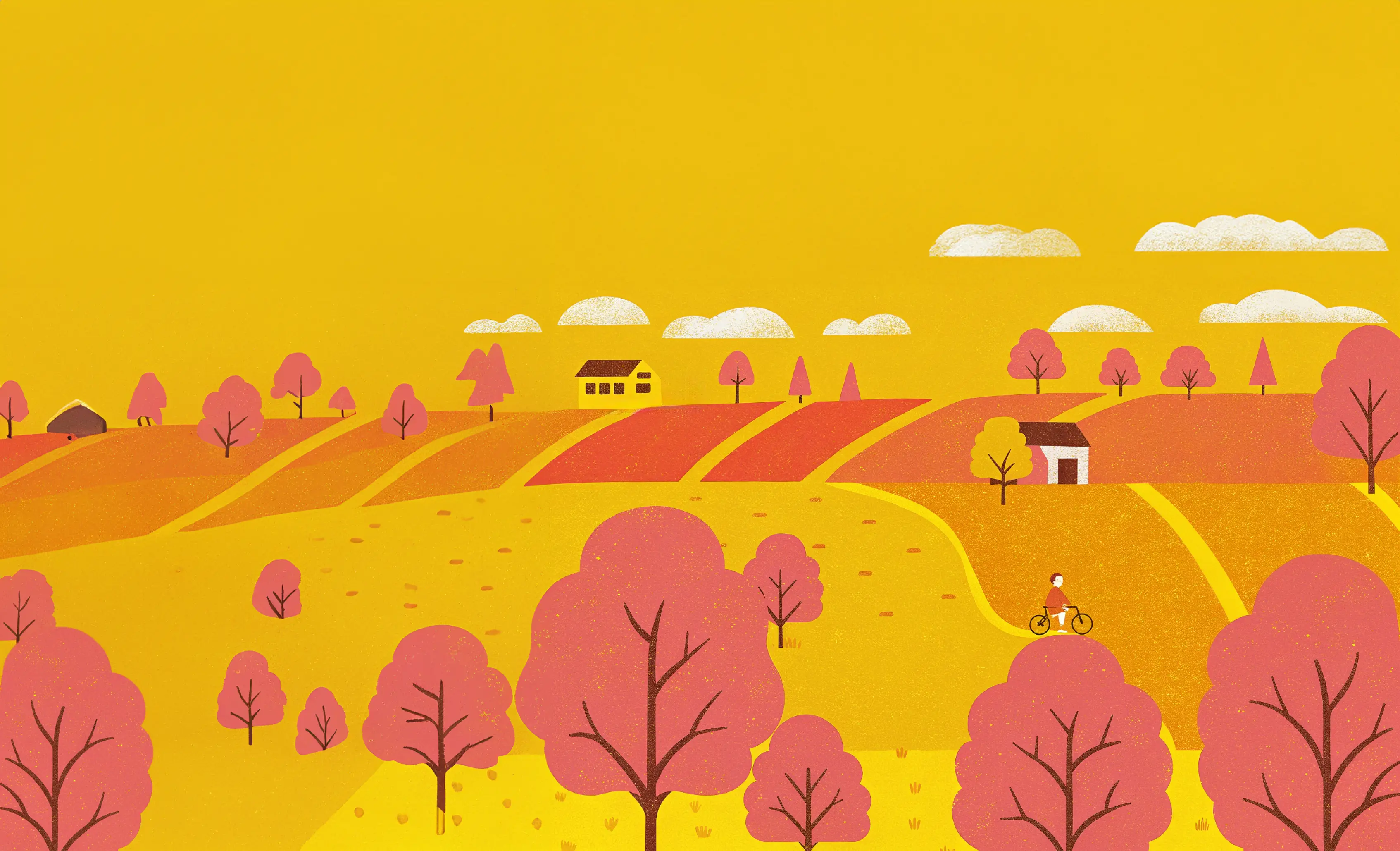 Illustration einer Landschaft mit sanften Hügeln, rosa Bäumen, zwei Häusern und einer Person auf einem Fahrrad unter gelbem Himmel.