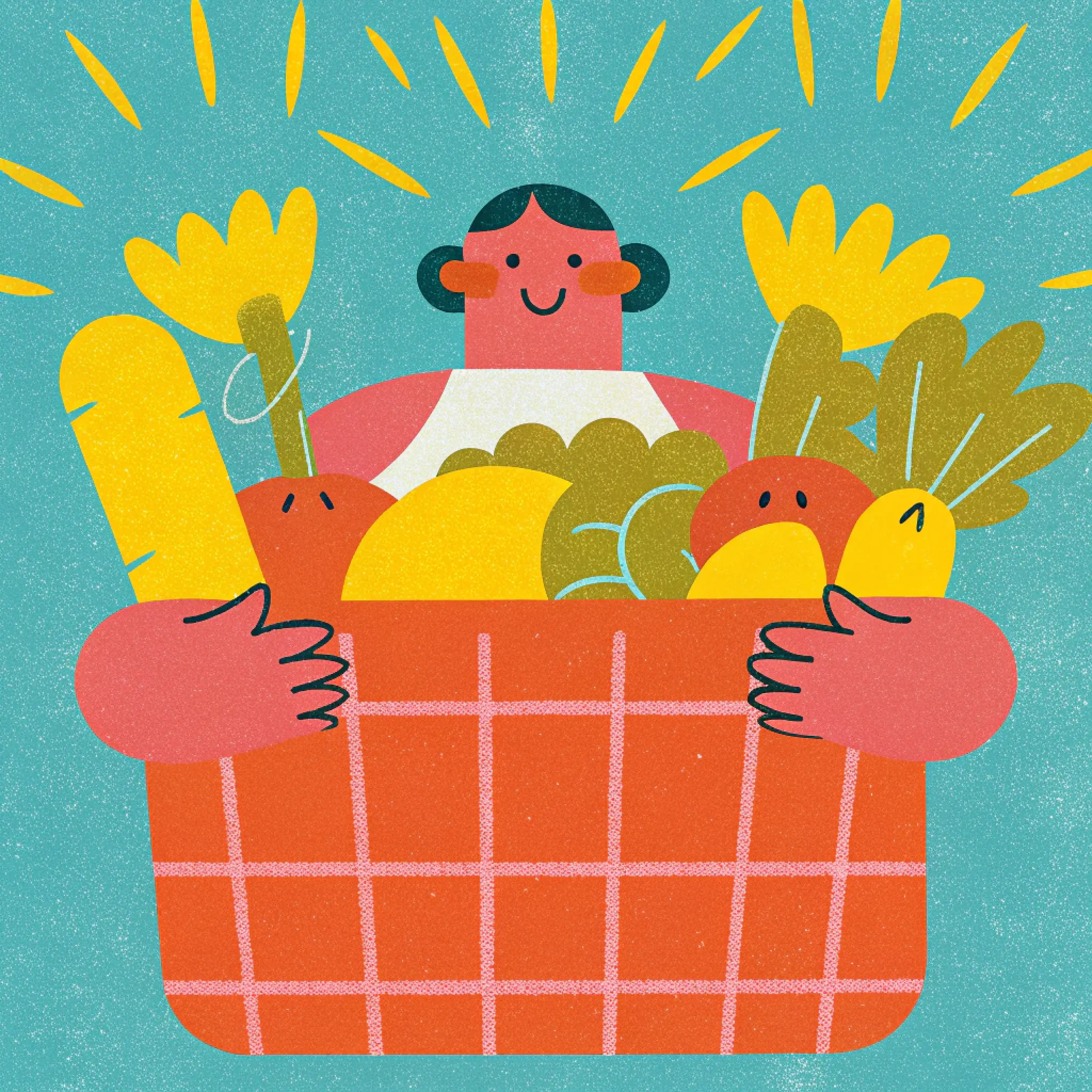 Illustration einer Person mit lachendem Gesicht, die einen Korb mit Brot, Gemüse und Obst hält.