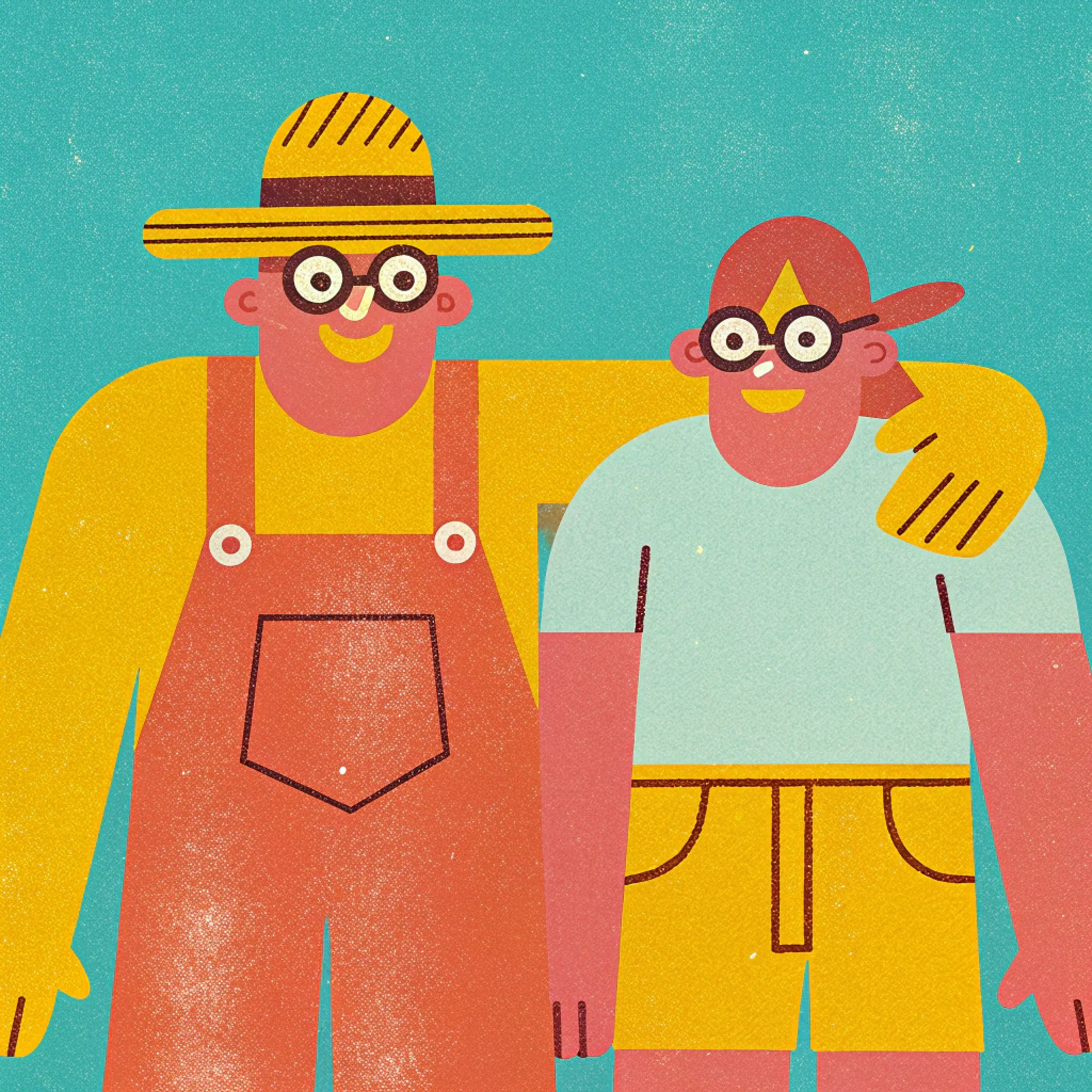 Illustration von zwei lächelnden Personen mit Brillen, eine in orangefarbener Latzhose und Hut, die andere in gelber Hose und weißem Shirt, die Arm in Arm stehen.