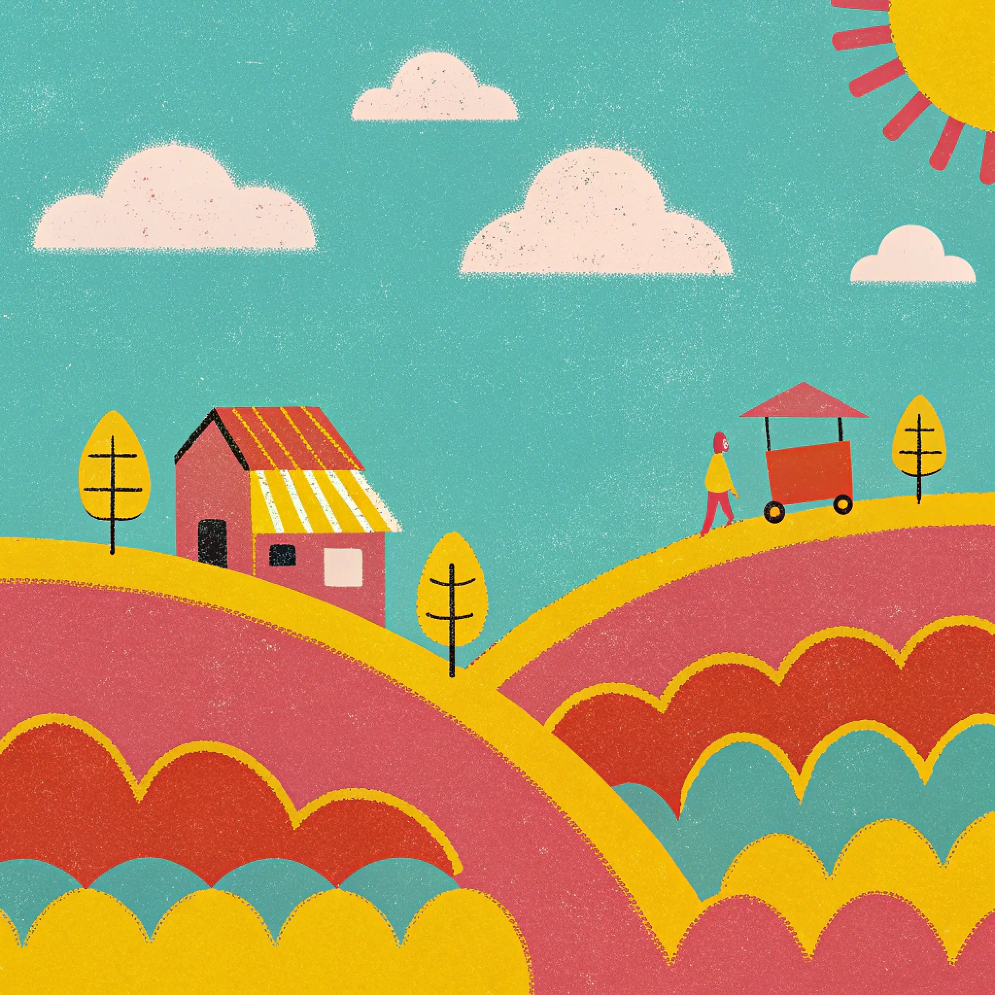 Bunte Illustration einer Landschaft mit Hügeln, einem kleinen Haus, Bäumen, einer Person und einem Verkaufsstand unter blauem Himmel mit Wolken und Sonne.