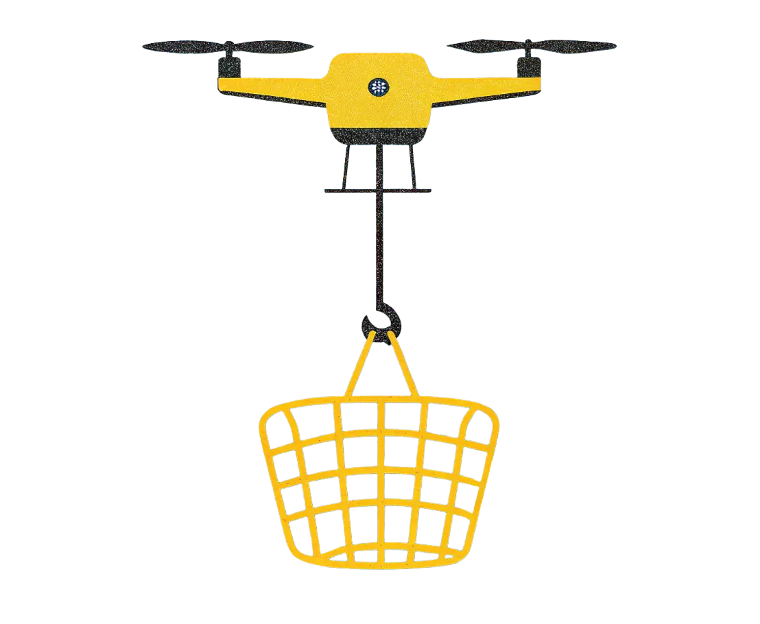 Gelbe Marktschwalbe-Drohne mit zwei Propellern transportiert einen gelben Drahtkorb an einem Haken.