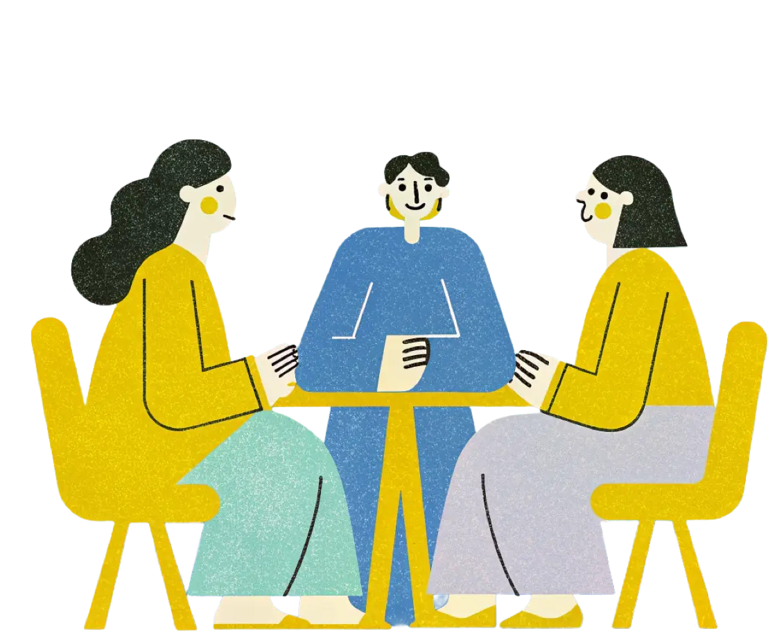 Drei Personen sitzen an einem Tisch und führen ein Gespräch in einer stilisierten Illustration.