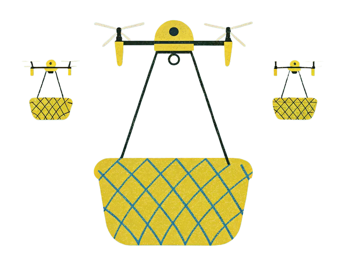 Drei gelbe Marktschwalbe-Drohnen mit Netzen zum Transportieren von Gütern.
