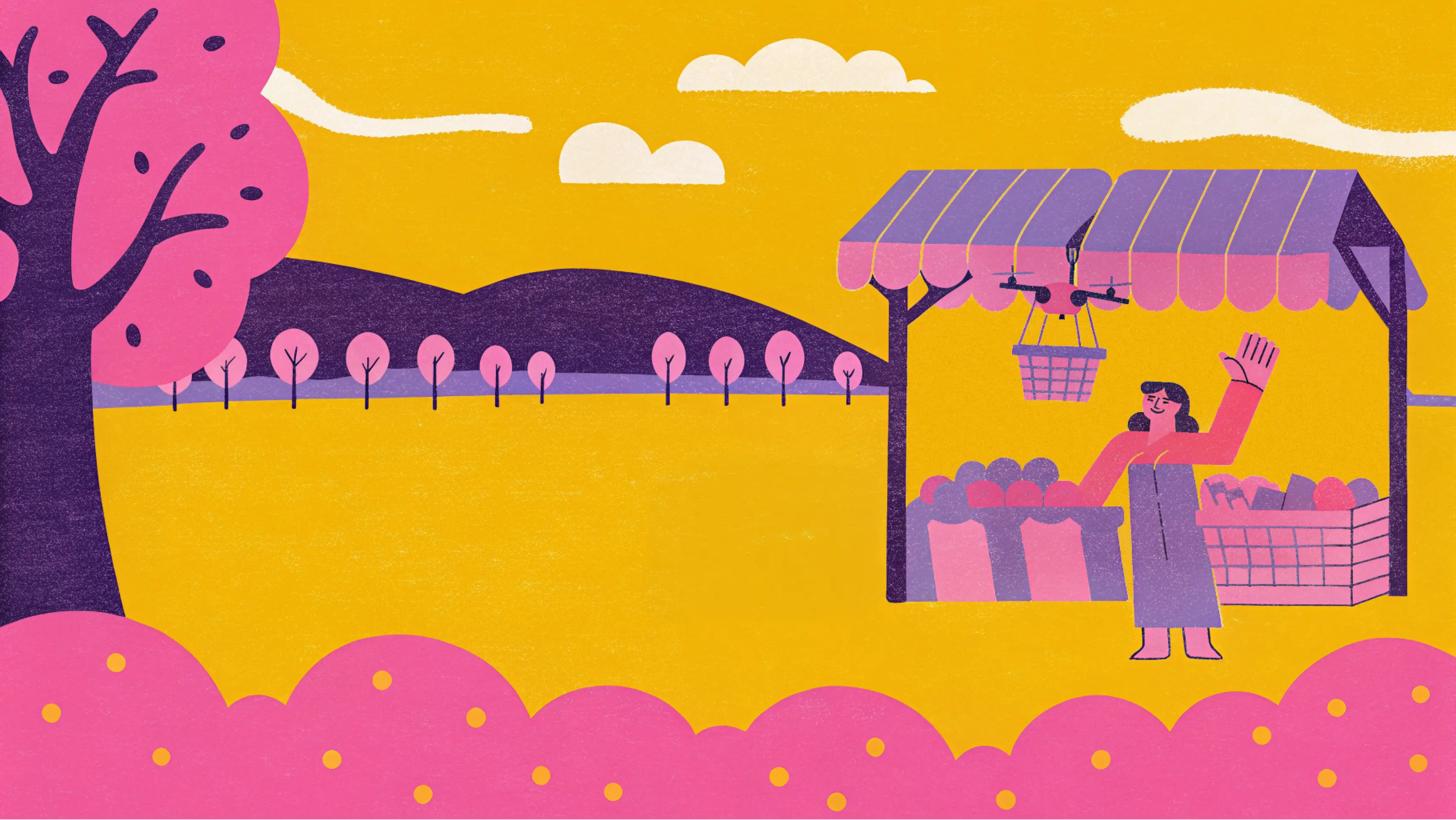 Illustration eines Marktstands mit einer winkenden Verkäuferin, einer Marktschwalbe-Drohne mit Warenkorb und einer Landschaft mit Bäumen und Hügeln im Hintergrund.