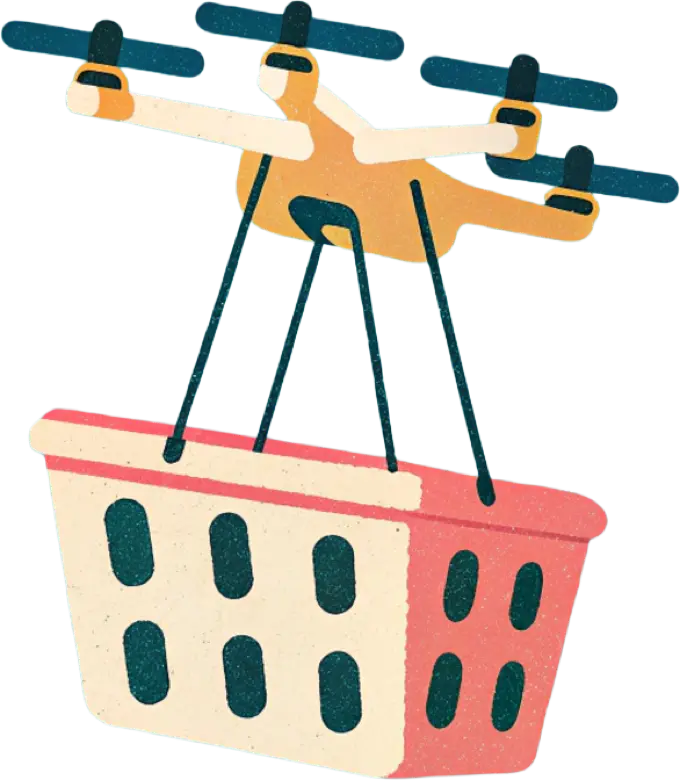 Illustration einer Marktschwalbe-Drohne mit vier Propellern, die einen Einkaufskorb trägt.