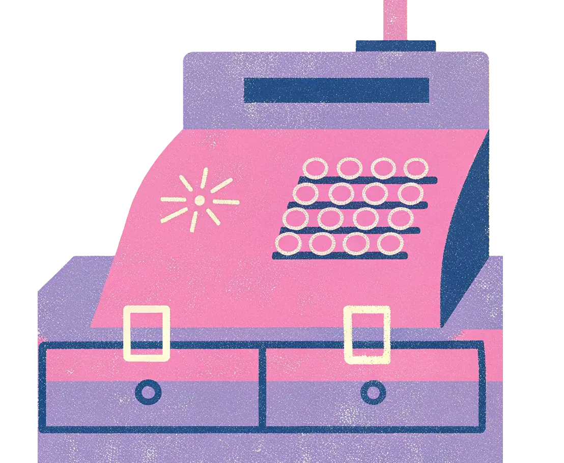 Illustration einer rosa-violetten Registrierkasse mit Tasten und zwei Schubladen.