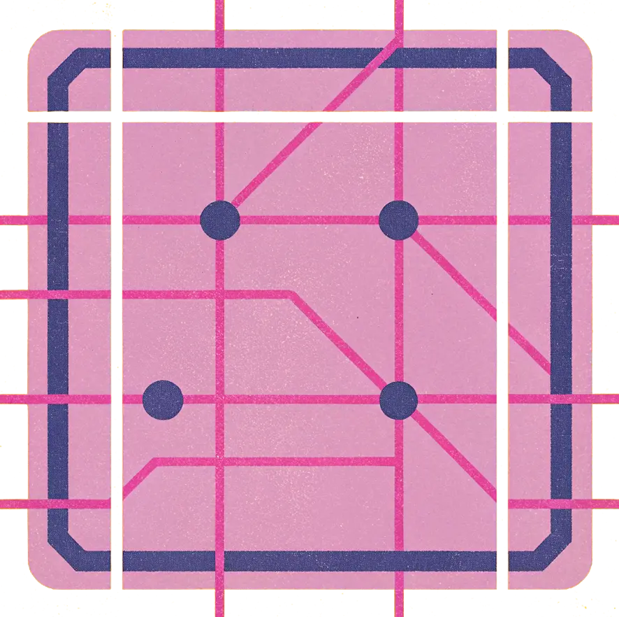 Diagramm eines Netzwerks mit dunkelblauen Knotenpunkten, die durch pinke Linien innerhalb eines eckigen dunkelblauen Rahmens verbunden sind.