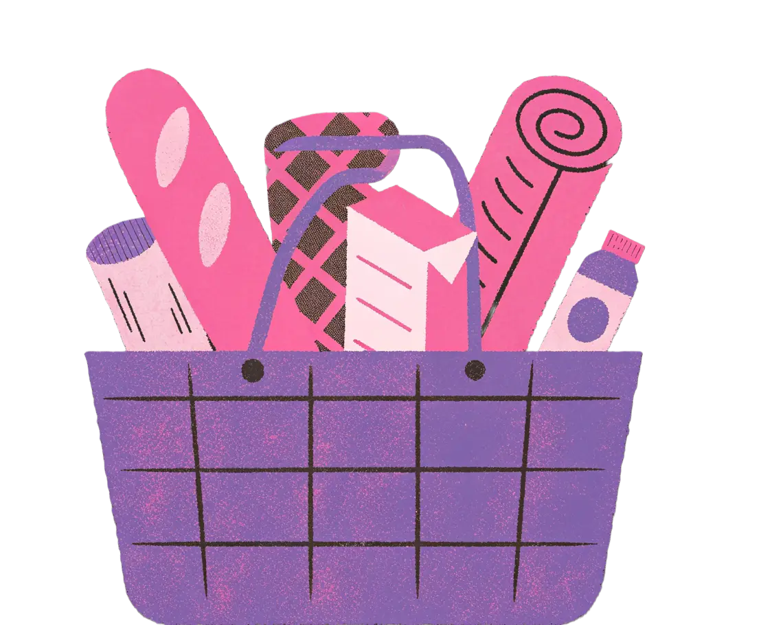 Illustration eines Einkaufskorbs mit verschiedenen Lebensmitteln, darunter ein Baguette, eine Schokoladentafel, eine Pappverpackung, ein aufgerolltes Papier und eine Flasche.