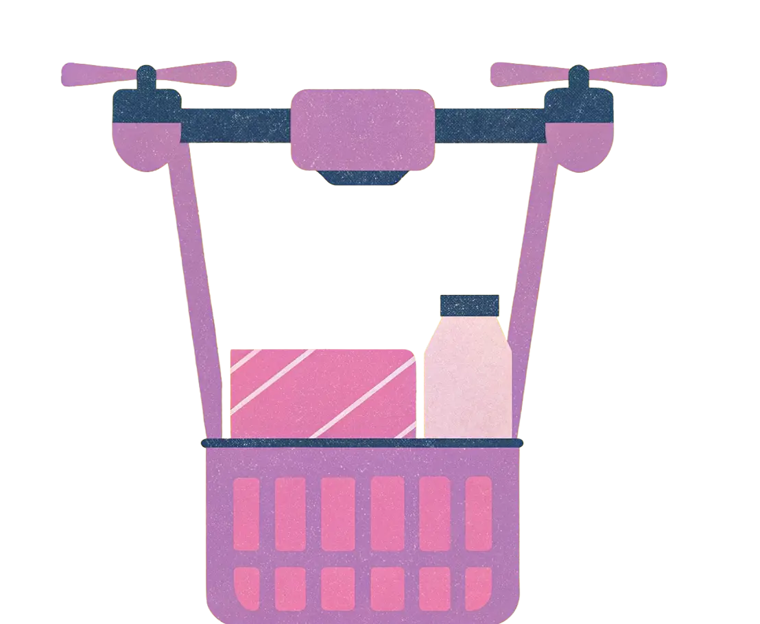 Grafische Darstellung einer Marktschwalbe-Drohne, die einen Korb mit einem Paket und einer Flasche transportiert.