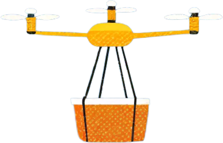 Gelbe Marktschwalbe-Drohne, die eine orangene, mit schwarzen Gurten befestigte Lieferung trägt.