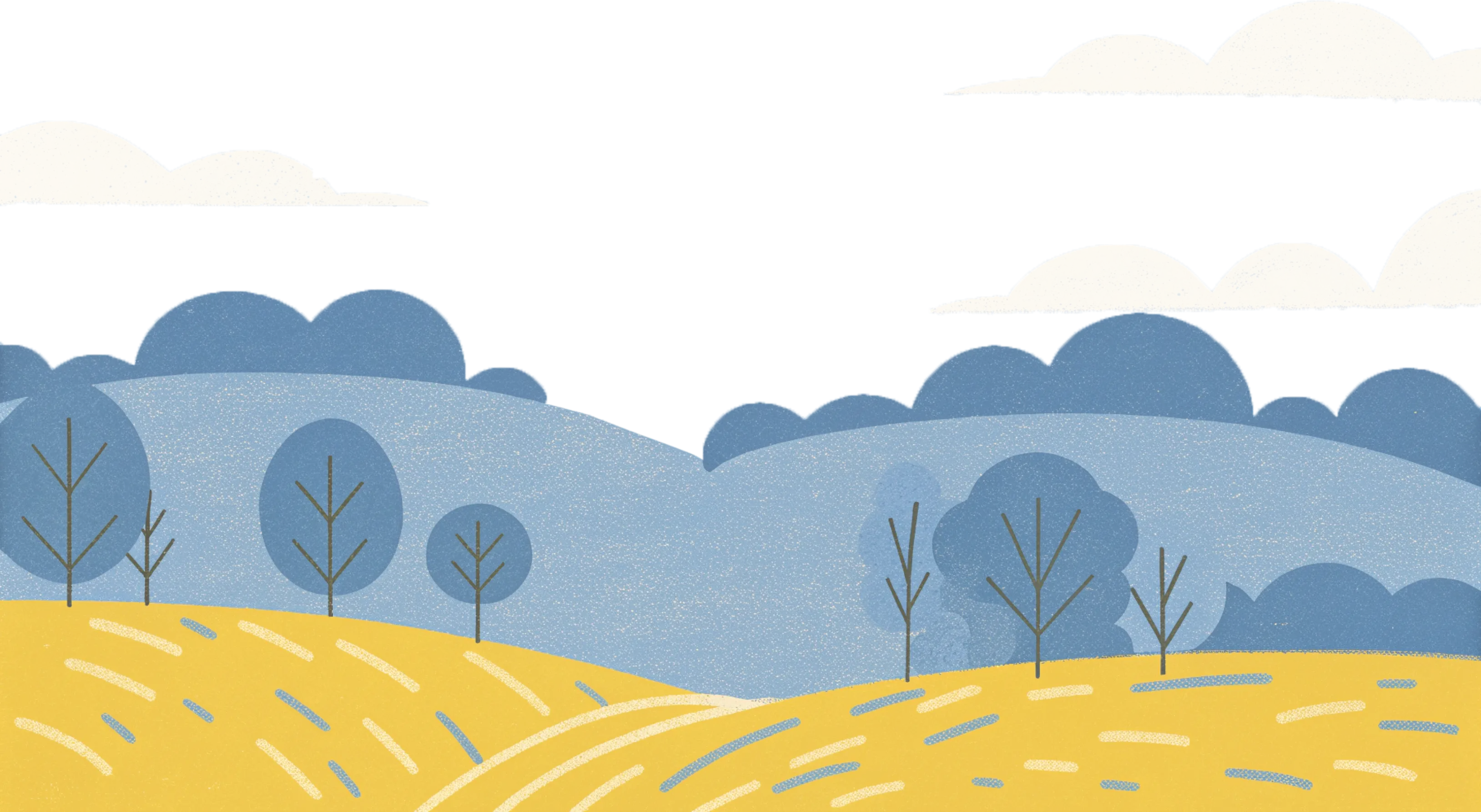 Illustration einer gelben Hügellandschaft mit blauen Bäumen und Hügeln sowie cremefarbenen Wolken am Himmel.