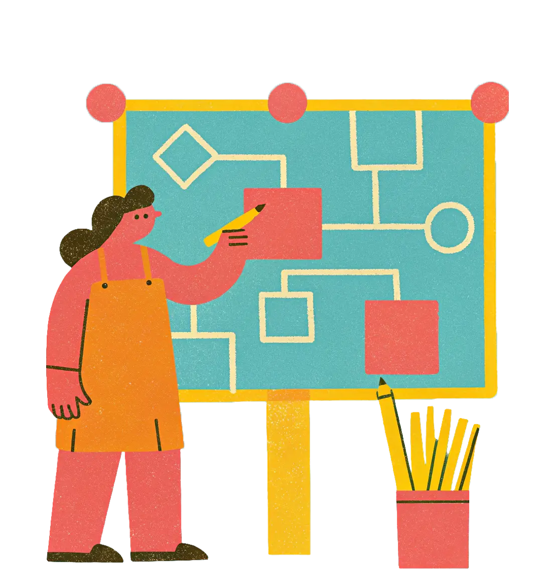 Person, die vor einem Flussdiagramm auf einer Tafel steht und mit einem gelben Stift Rechtecke auf der Tafel markiert.