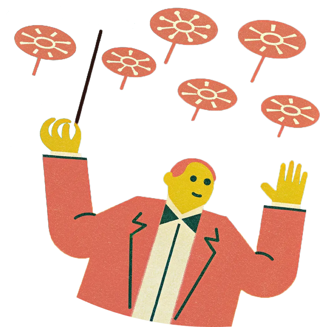 Illustration eines Dirigenten mit roten Haaren und rotem Sakko, der mit einem Taktstock sechs stilisierte orangene Marktschwalbe-Drohnen dirigiert.