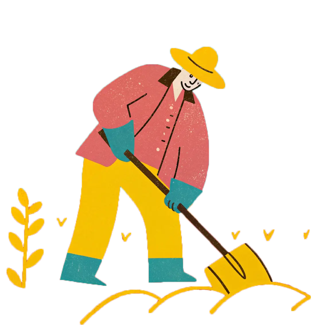 Illustration eines Bauern mit gelbem Hut, rotem Hemd und gelber Hose, der mit einer Schaufel in der Erde arbeitet.