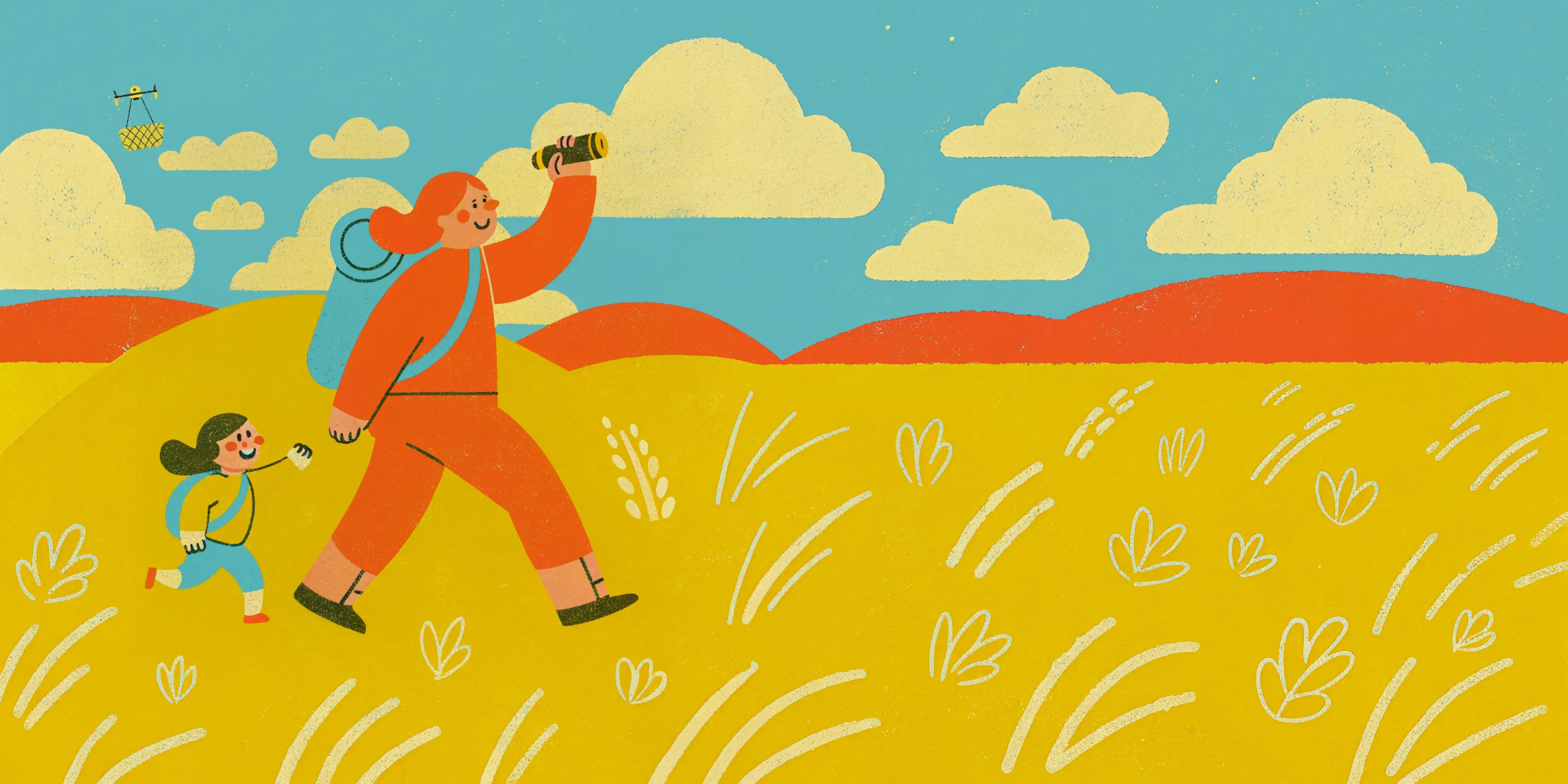 Illustration von zwei fröhlichen Personen mit Rucksäcken, die über ein gelbes Feld bei blauem Himmel mit Wolken wandern.