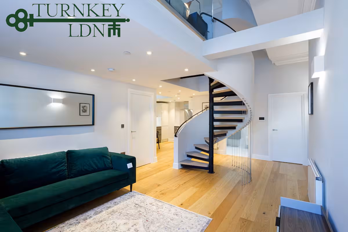 Modern living room with a dark green sofa, wooden floor, spiral staircase, and glass balcony above.