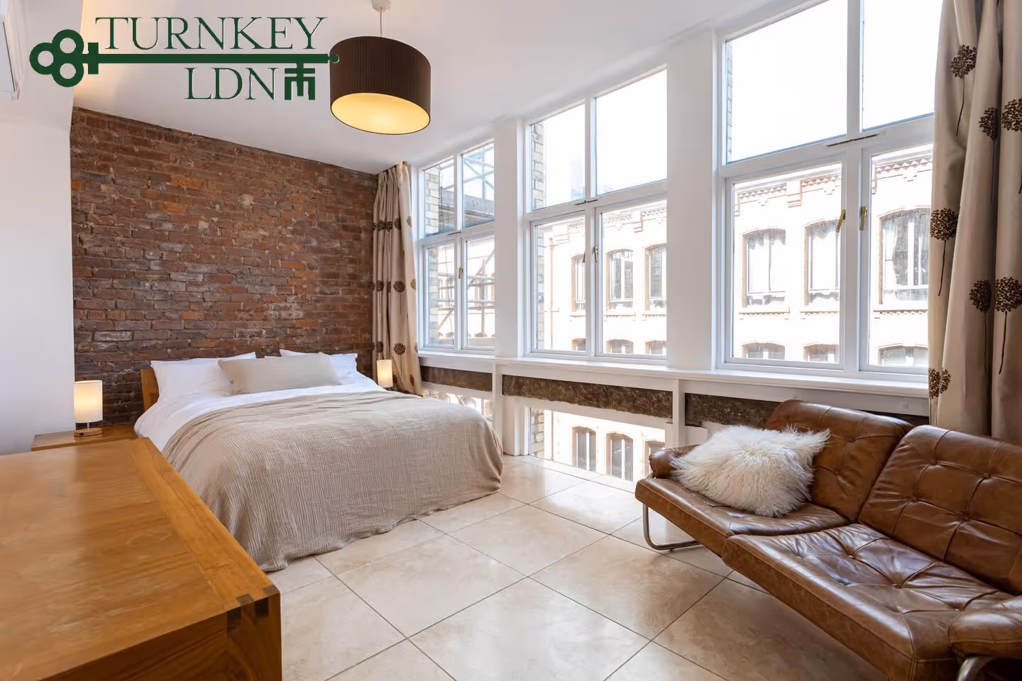 Modern bedroom with huge window