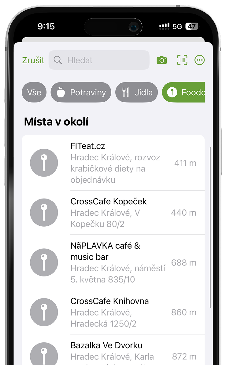 Ukázka filtrace pomocí lokality v aplikaci Kalorické Tabulky