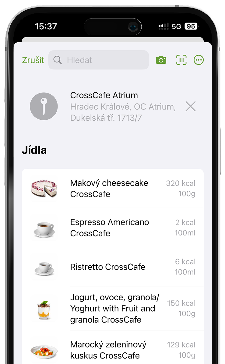 Ukázka výběru jídla v aplikaci Kalorické Tabulky