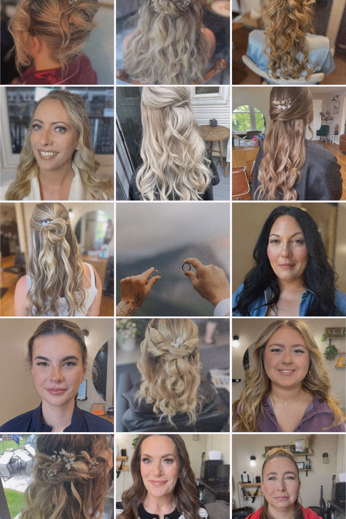 Collage of twelve images showing various women with styled hair, featuring curls, updos, and hair accessories, alongside two images with close-up of hands holding rings.