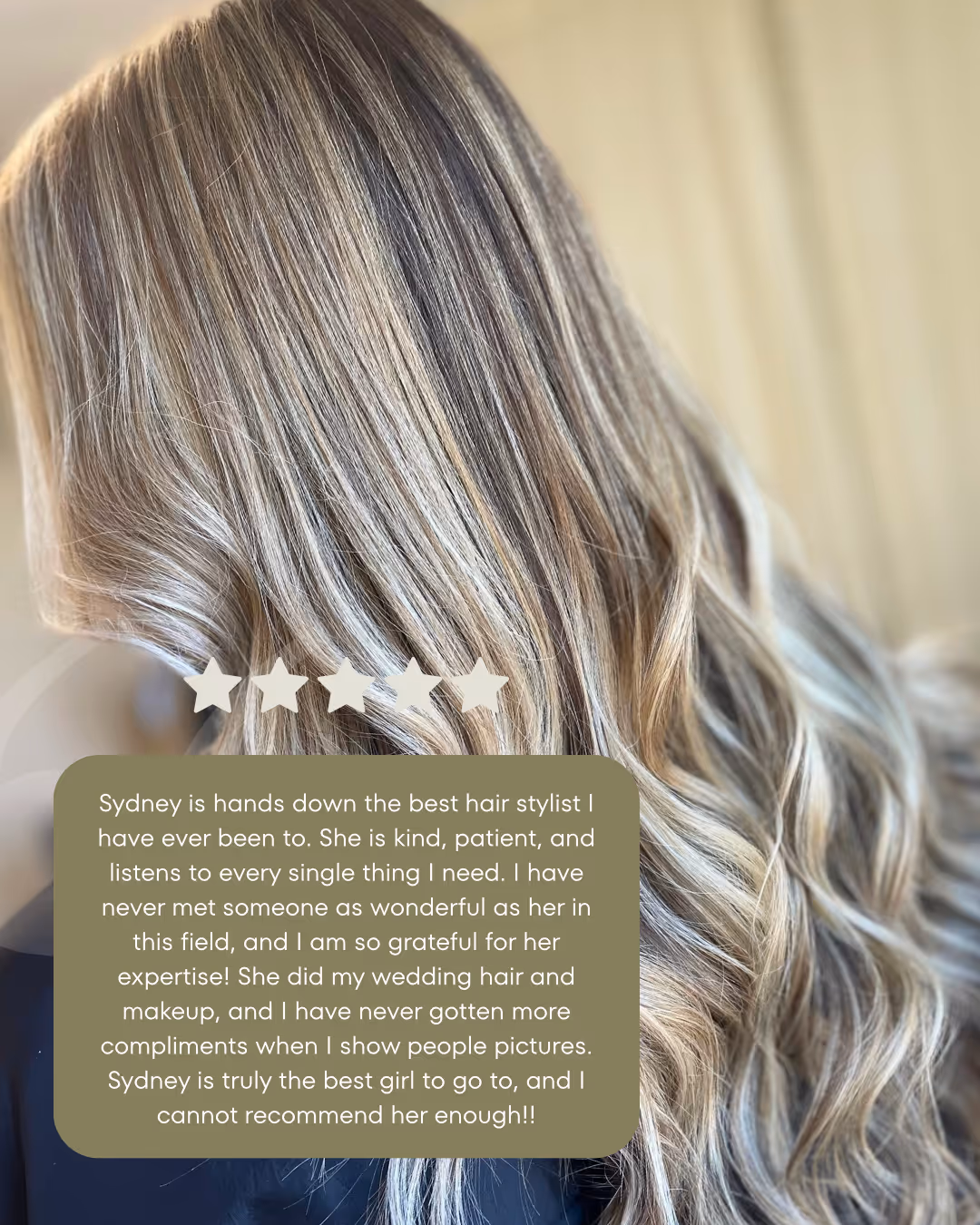 Close-up of long, wavy blonde and light brown hair with a four-star rating and a positive written testimonial about Sydney, the hair stylist.