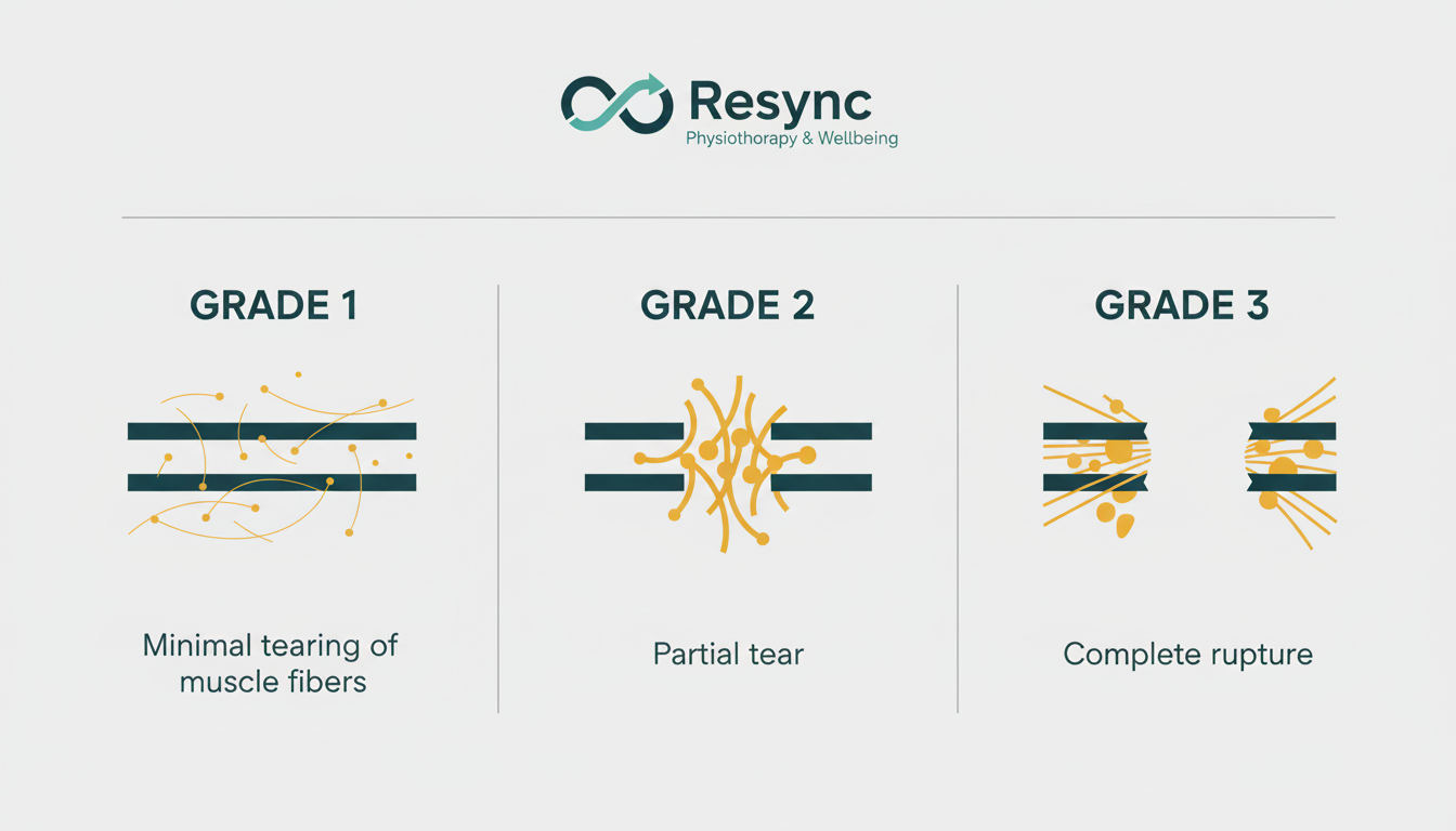 A clean, modern infographic illustrating the three grades of a hamstring strain. Grade 1 shows minimal tearing of muscle fibers, Grade 2 shows a partial tear, and Grade 3 shows a complete rupture. Use simple icons and clear labels. The primary colors should be #305d53 (dark teal) and #a68b60 (gold) against a light grey background #e5e5e4. Aspect ratio: 1:1.