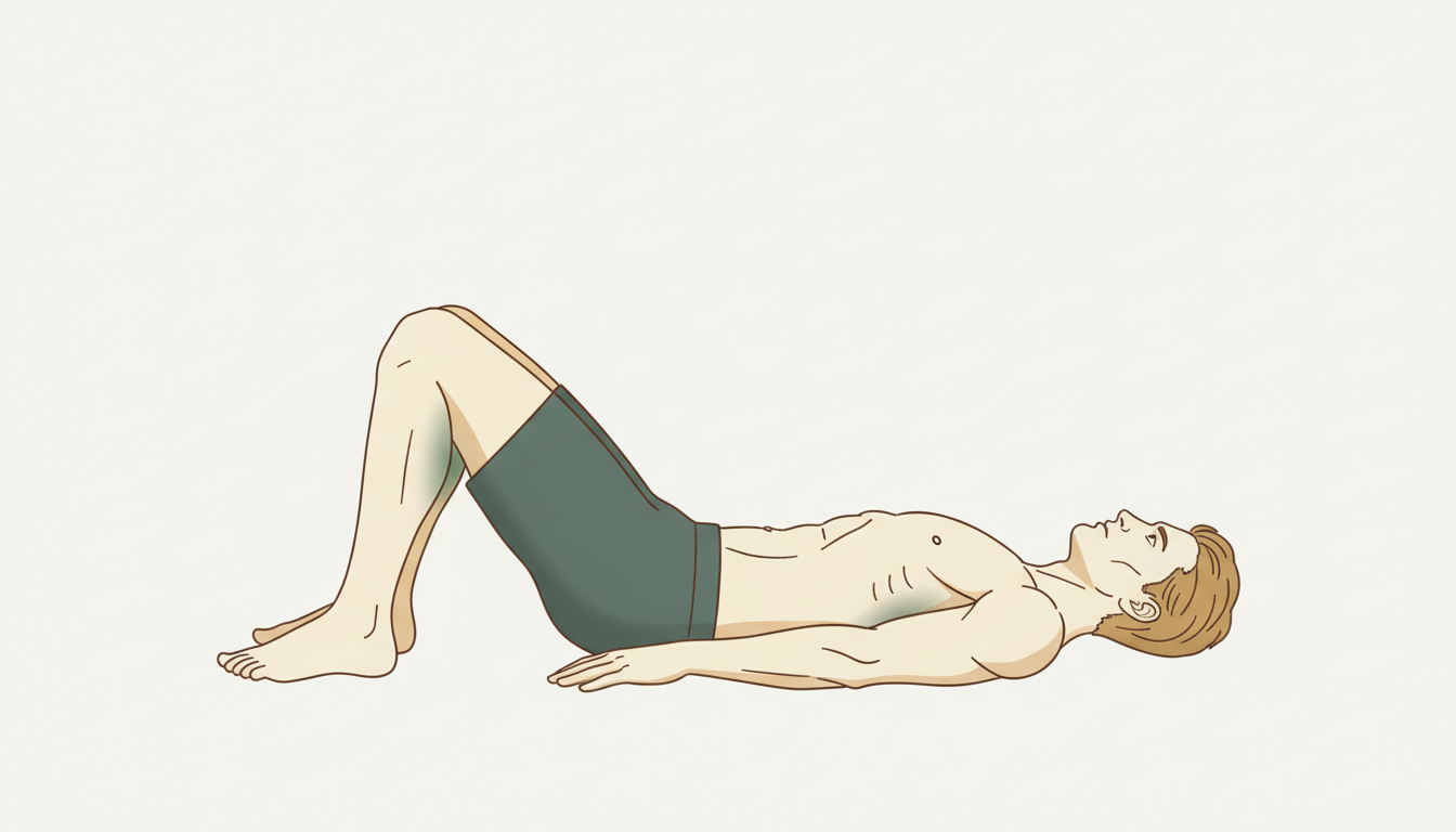 A minimalist, clean line-art illustration of an athlete demonstrating the correct form for a glute bridge. The style is educational and clear, with subtle highlights on the muscles being activated (glutes and hamstrings). Use brand colors #305d53, #a68b60, and #685d55 against a light background. Aspect ratio: 4:3.