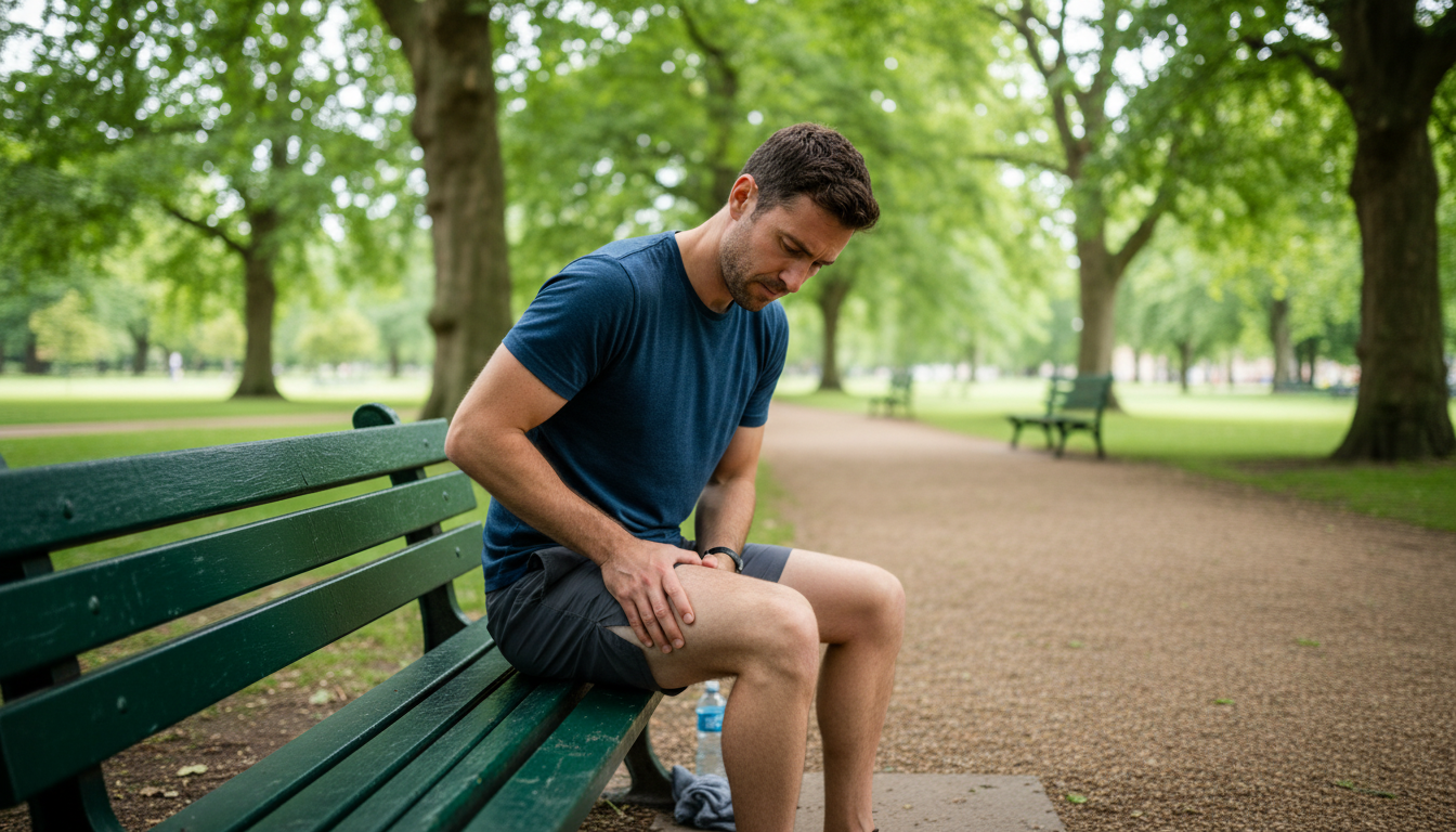A realistic photo of a frustrated male athlete in his early 30s, sitting on a park bench after a run, holding the back of his thigh in discomfort. The background shows a typical park in Balsall Common. The mood is one of disappointment but also contemplation. Use a shallow depth of field. Aspect ratio: 16:9.
