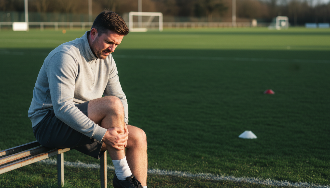 A realistic and empathetic photo of an amateur male footballer in his early 30s sitting frustrated on the sidelines, holding his knee or hamstring. The background is a slightly blurred local football pitch. The lighting is soft, evoking a sense of disappointment but also hope. Aspect ratio: 16:9.