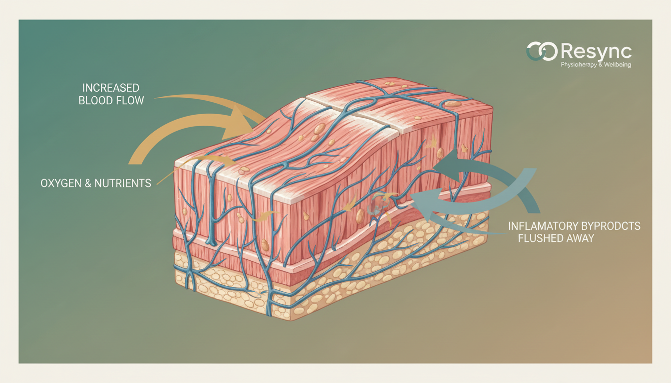 A stylized medical illustration showing a cross-section of a muscle. Arrows in a warm color like #a68b60 indicate increased blood flow delivering oxygen and nutrients to the muscle fibers, while other arrows show the flushing away of inflammatory byproducts. The overall style is clean, modern, and professional. Aspect ratio: 16:9.