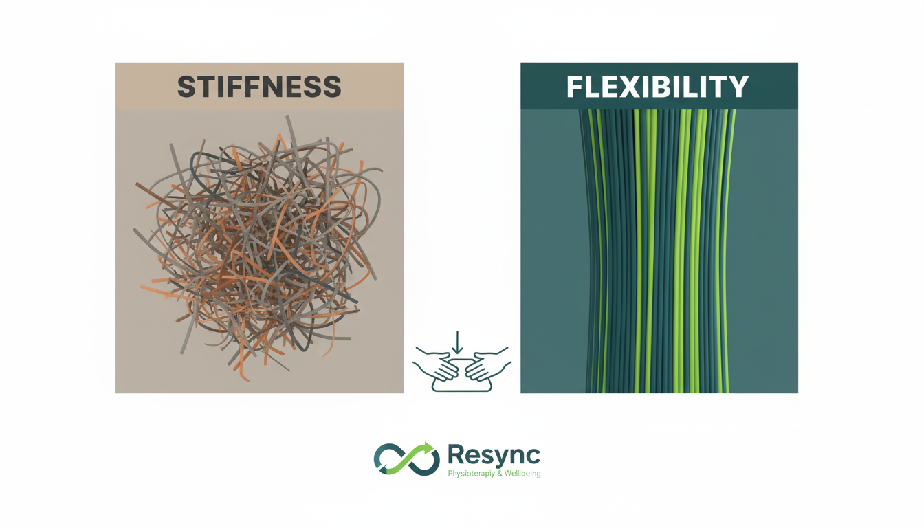 A simple, clean infographic comparing disorganized, tangled scar tissue fibers on the left with aligned, healthy muscle fibers on the right. A central icon representing hands or pressure shows the transition from stiff to flexible. Use brand colors #305d53 and #685d55 for clarity and impact. Aspect ratio: 1:1.
