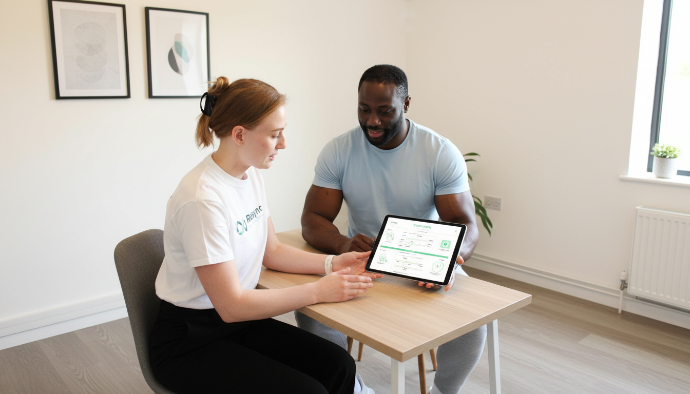 A professional and empathetic physiotherapist in a clean clinic environment discussing a treatment plan with a male athlete. The focus is on the collaborative and supportive interaction, with the physio pointing to a tablet showing a recovery timeline. The athlete looks engaged and hopeful. Soft, natural lighting. Aspect ratio: 16:9.